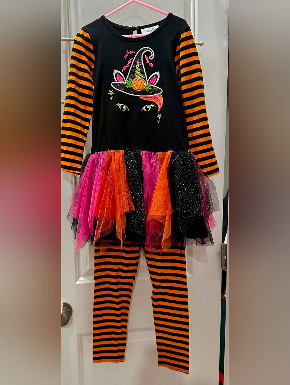 Emily Rose Black Top with Orange-Striped & Pink-Orange Tutu Leggings Jumpsuit